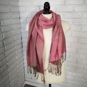 Pashmina Rose & Taupe Pattern Scarf / Wrap with Fringe